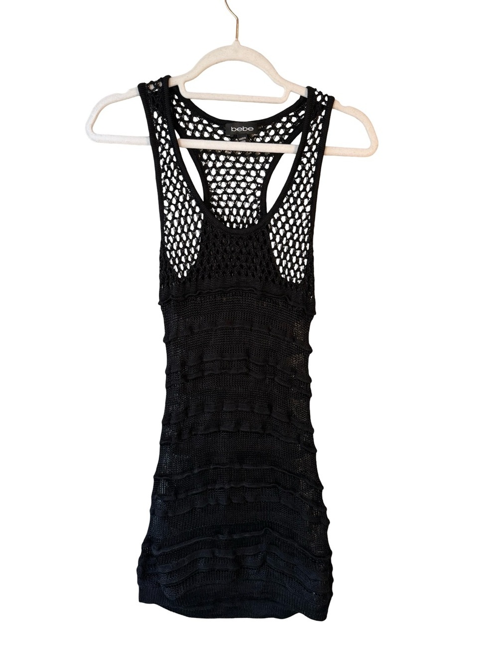 bebe Black Open-Knit Crochet Mini Tank Dress Cover Up Size S Y2K Boho Beach